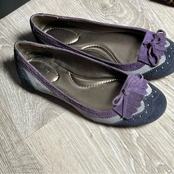 Lands End Purple Navy Suede Leather Kiltie Cap Toe Bow Academia Ballet Flats 8 - Picture 3 of 8
